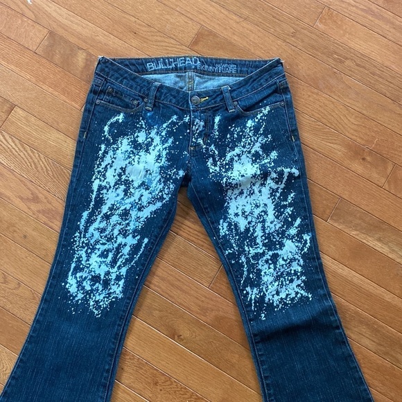 BULLHEAD NEWPORT SKINNY FLARE LEG SUPER SEXY SPLATTERED RETRO DISCO STYLE JEANS - Picture 3 of 9